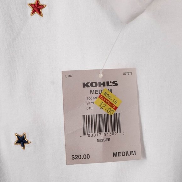 Croft & Barrow Patriotic Shirt M Womens White Embroidered Stars Cotton July 4th - Picture 5 of 6